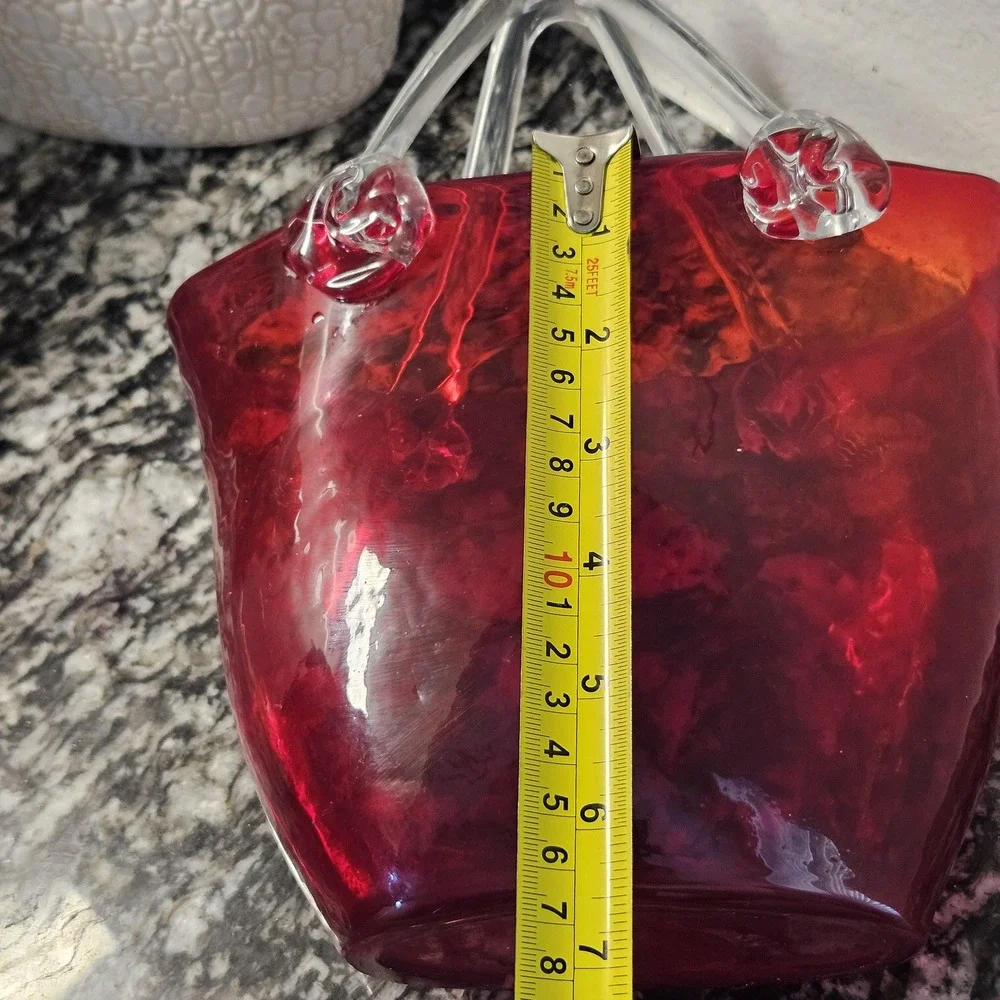 HandBlown Studio Art Glass Purse Vase Red Bag With Clear‎ Handles